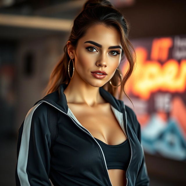 A beautiful 35-year-old woman dressed in a stylish trainer outfit, looking directly at the camera with a flirtatious and alluring expression in a sensual pose