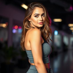A beautiful 35-year-old woman dressed in a stylish trainer outfit, looking directly at the camera with a flirtatious and alluring expression in a sensual pose
