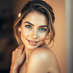 A beautiful 25-year-old woman, positioned front-facing and looking directly at the camera