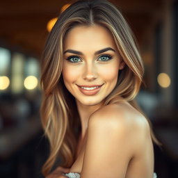 A beautiful 25-year-old woman, positioned front-facing and looking directly at the camera