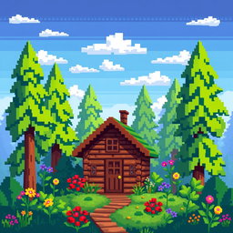 A pixel art style depiction of a small cabin nestled in a vibrant forest