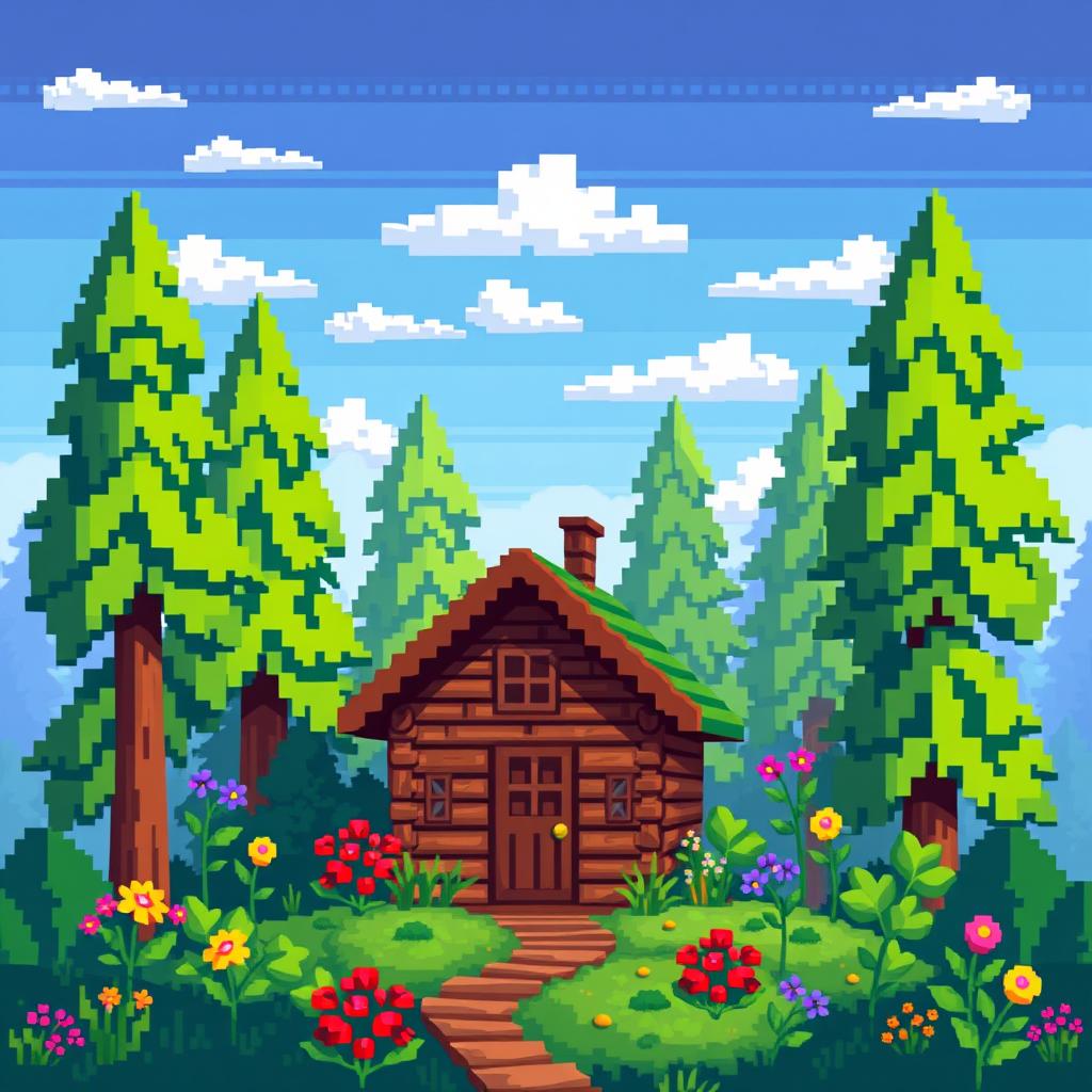 A pixel art style depiction of a small cabin nestled in a vibrant forest