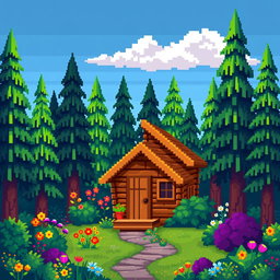 A pixel art style depiction of a small cabin nestled in a vibrant forest