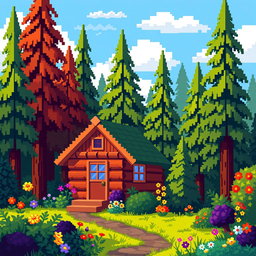 A pixel art style depiction of a small cabin nestled in a vibrant forest