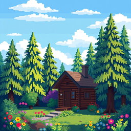 A pixel art style depiction of a small cabin nestled in a vibrant forest