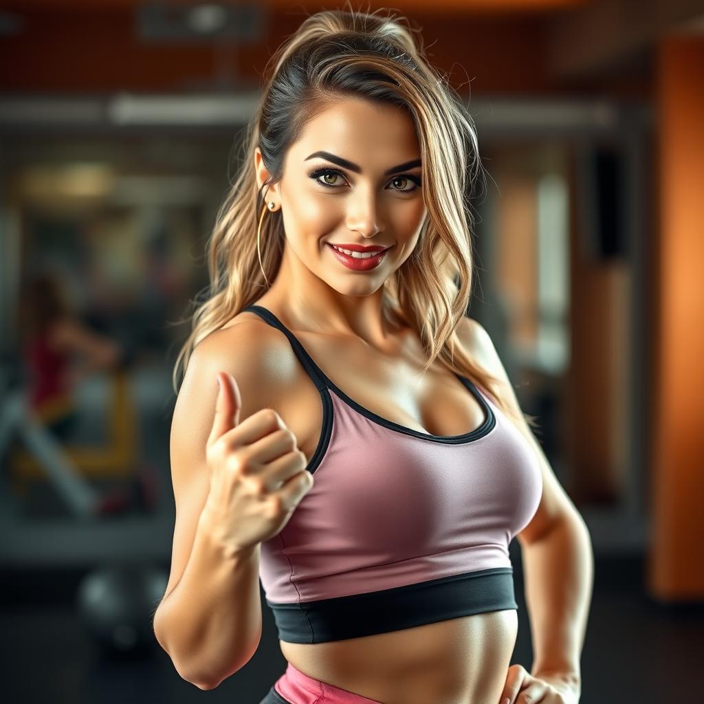A stunning 35-year-old woman dressed in a fashionable trainer outfit, confidently facing the camera with a flirtatious expression in a provocative pose