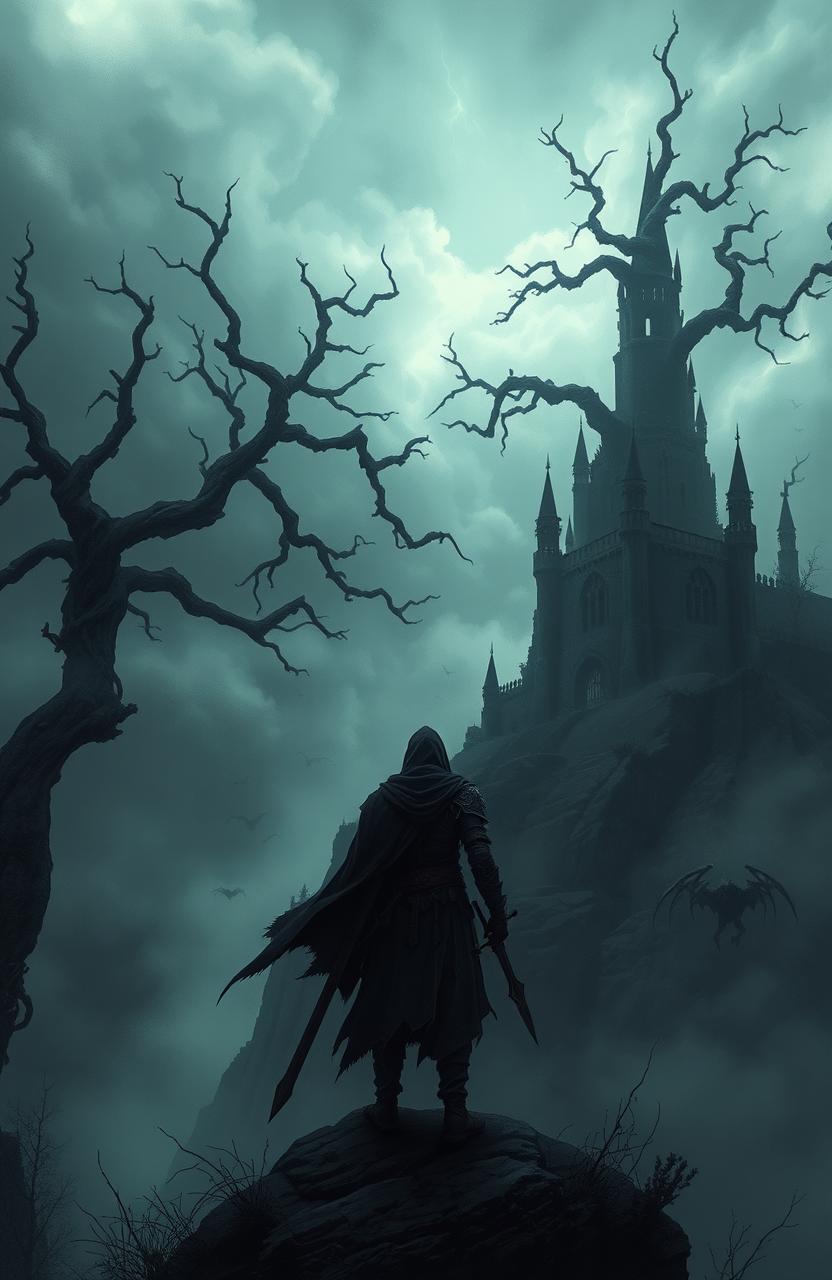 A dark fantasy scene inspired by isekai and soulsborne aesthetics