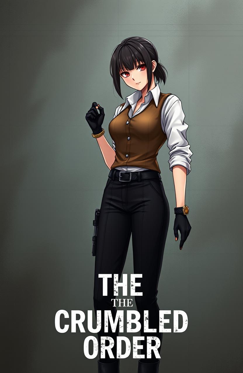 A captivating cover page for a thriller story titled 'THE CRUMBLED ORDER', featuring an anime or manga style woman as the main character