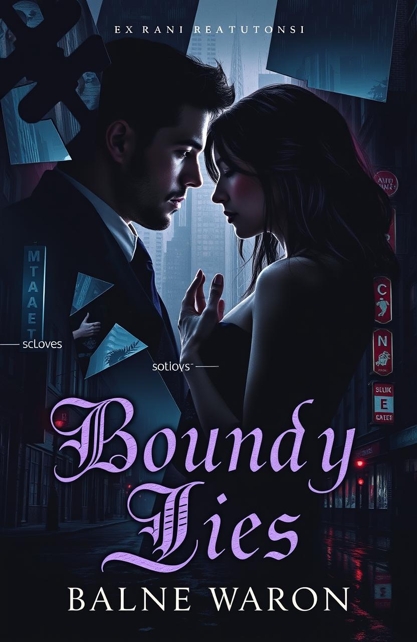 A dark romance collage depicting themes of lies and betrayal, set against a backdrop of a shadowy cityscape
