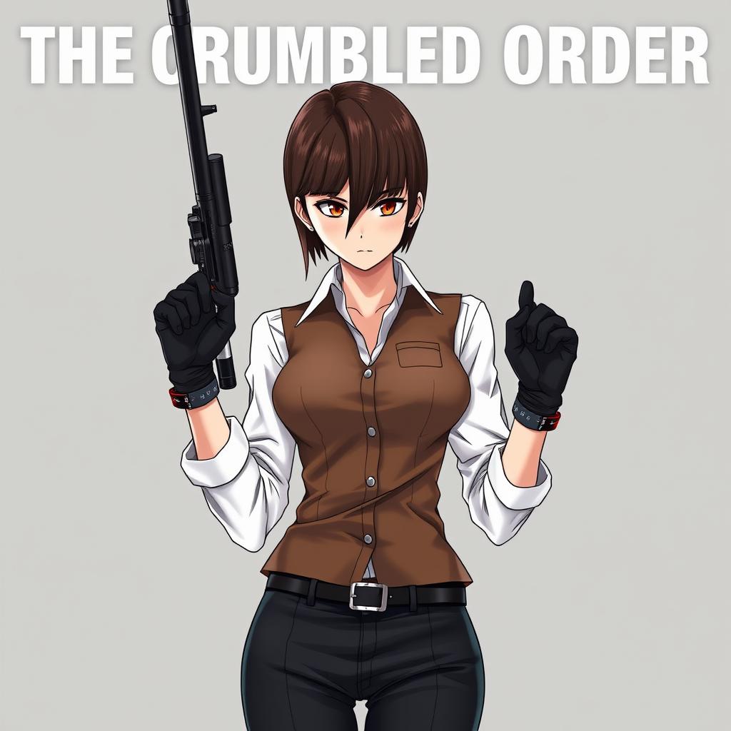 An eye-catching cover page for a thriller story titled 'THE CRUMBLED ORDER', prominently featuring an anime or manga style woman as the main character
