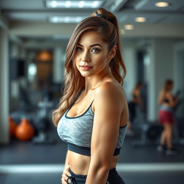 A beautiful 35-year-old woman dressed in a stylish trainer outfit, facing the camera with a seductive and playful expression, poised in a sensual position