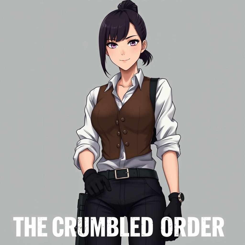 An engaging cover page for a thriller story titled 'THE CRUMBLED ORDER', spotlighting an anime or manga style woman as the main character