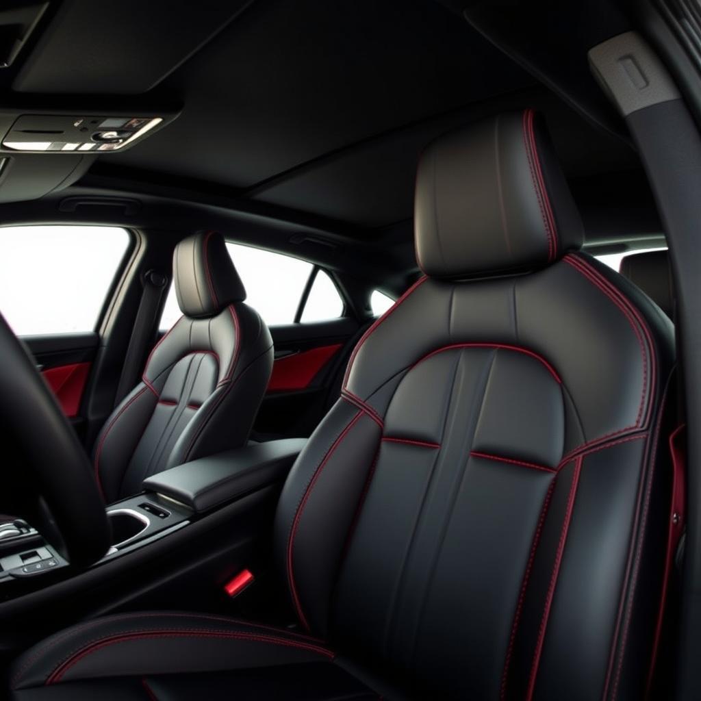 A luxurious black car interior featuring black leather seats, enhanced with striking red stitching that adds a pop of color and elegance