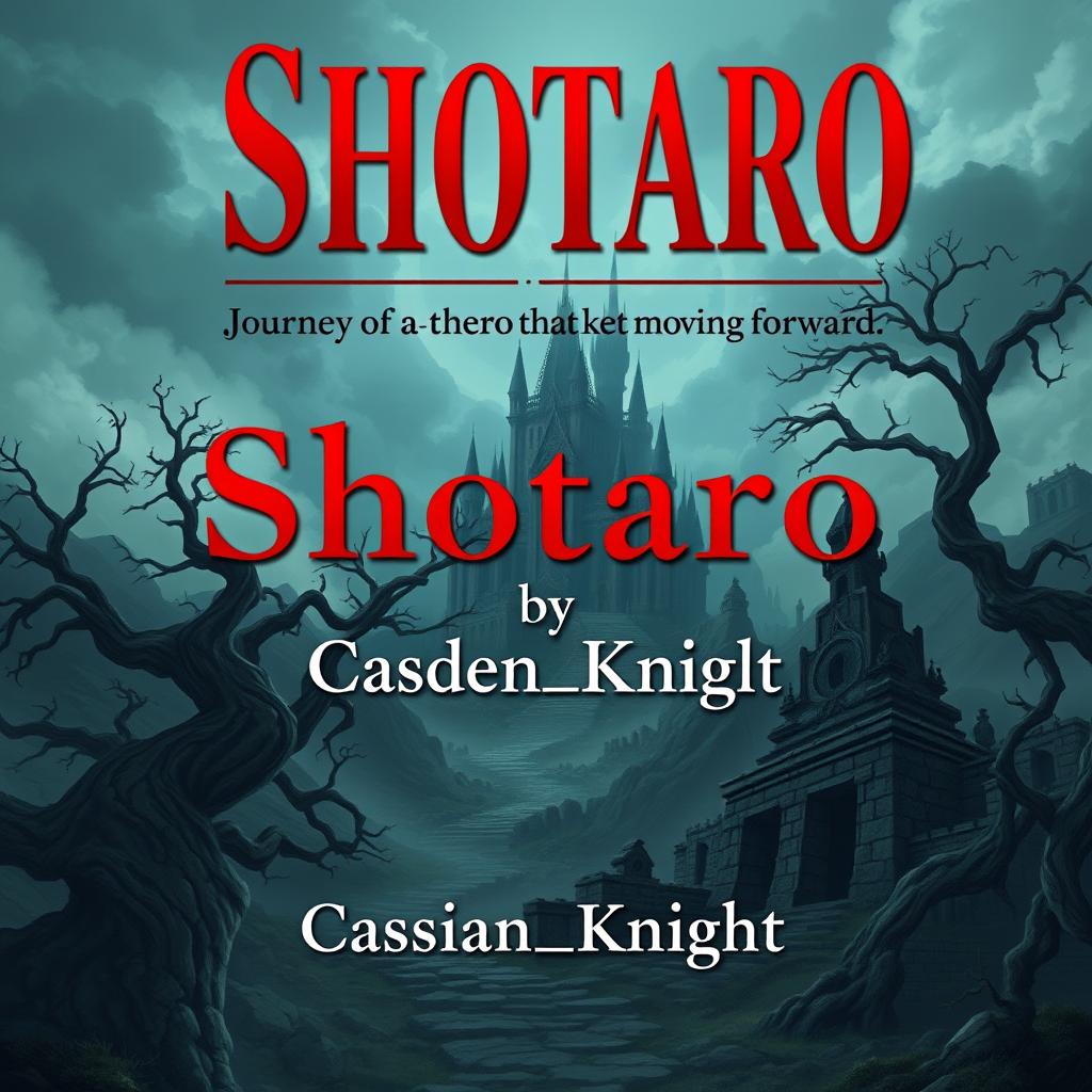 An isekai title design featuring the bold text "Shotaro" in striking crimson letters at the top, followed by the phrase "Journey of a hero that kept moving forward" in an elegant, complementary font