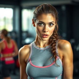 A beautiful 35-year-old woman dressed in a fashionable fitness trainer outfit, facing the camera with a surprised expression that adds an element of intrigue, posed in a sensual manner