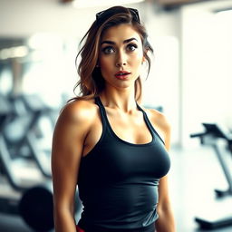 A beautiful 35-year-old woman dressed in a fashionable fitness trainer outfit, facing the camera with a surprised expression that adds an element of intrigue, posed in a sensual manner