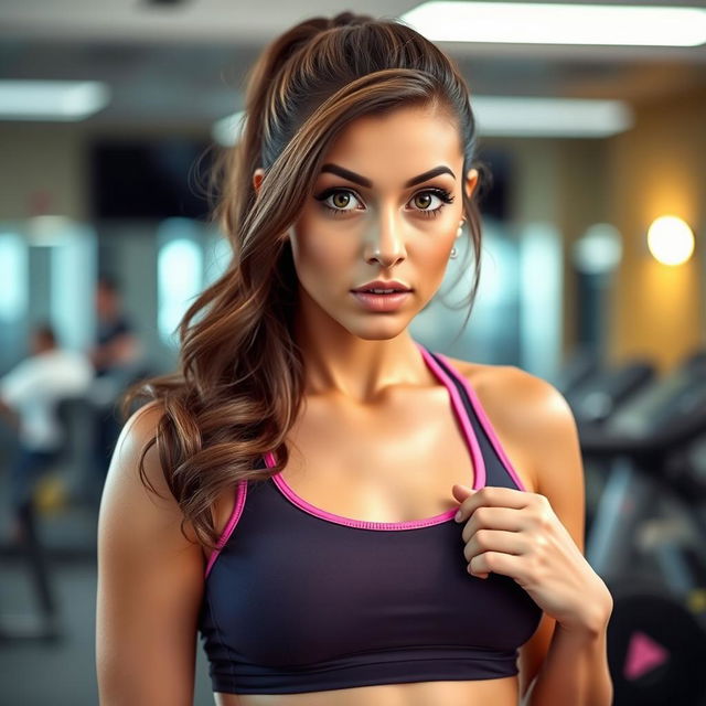 A beautiful 35-year-old woman dressed in a fashionable fitness trainer outfit, facing the camera with a surprised expression that adds an element of intrigue, posed in a sensual manner
