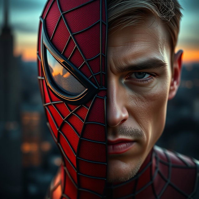 A close-up portrait of a half Spider-Man mask, showing the intricate web pattern and classic red and black colors on one side, while the other side reveals a human face with a confident expression