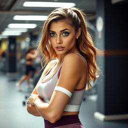 A stunning 35-year-old woman dressed in a fashionable fitness trainer outfit, facing the camera with a surprised expression, adding an interesting dynamic to her pose