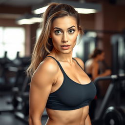 A stunning 35-year-old woman dressed in a fashionable fitness trainer outfit, facing the camera with a surprised expression, adding an interesting dynamic to her pose