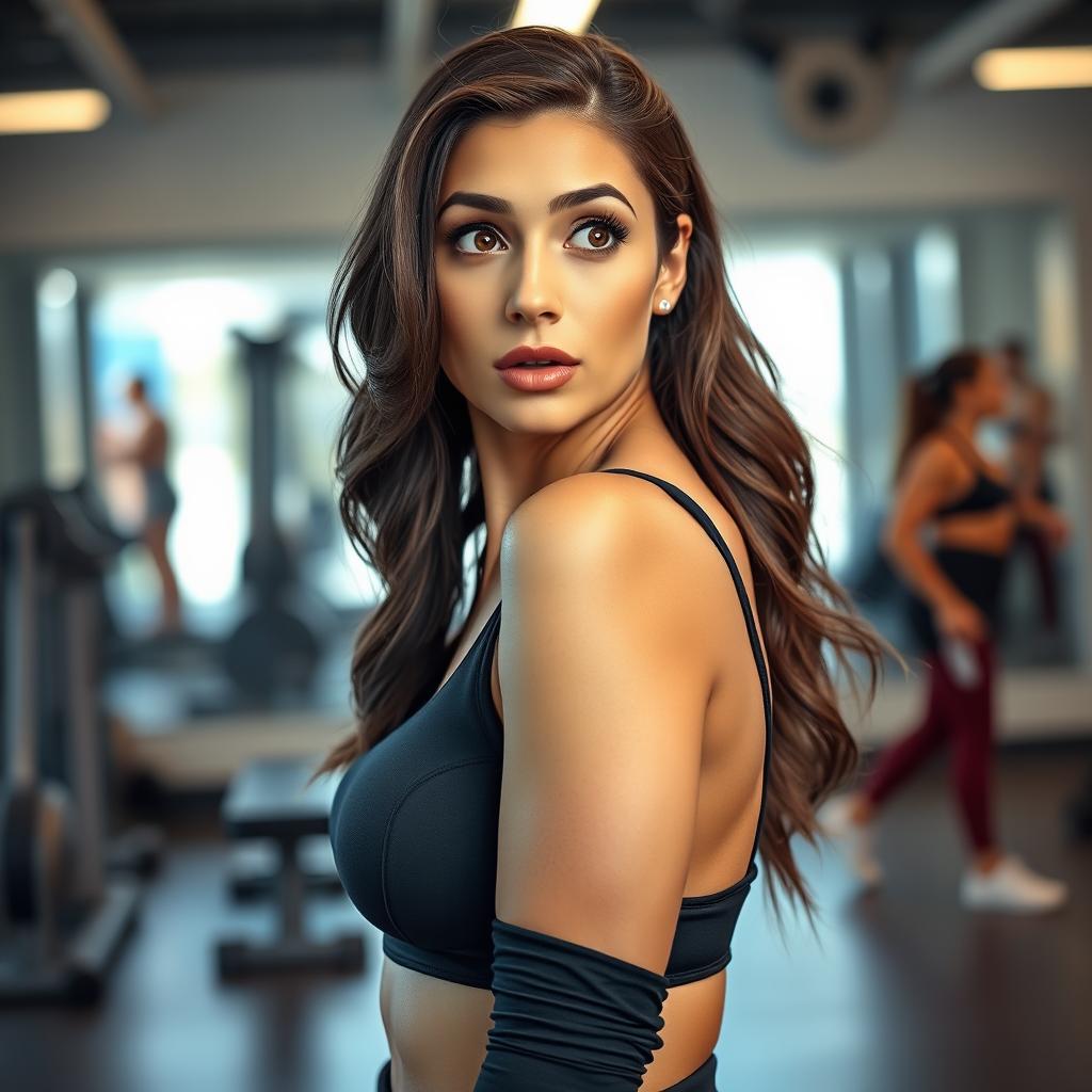A stunning 35-year-old woman dressed in a fashionable fitness trainer outfit, facing the camera with a surprised expression, adding an interesting dynamic to her pose