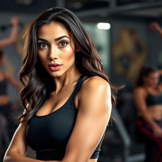 A stunning 35-year-old woman dressed in a stylish fitness trainer outfit, facing the camera with a surprised and flirtatious expression, evoking a sense of playfulness