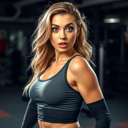 A stunning 35-year-old woman dressed in a stylish fitness trainer outfit, facing the camera with a surprised and flirtatious expression, evoking a sense of playfulness