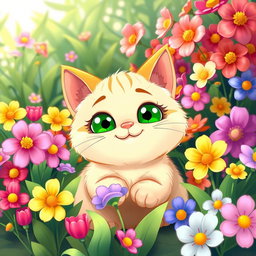 A cute, funny, cartoon-style cheerful chubby cat with bright green eyes, sitting among a vibrant array of beautiful flowers in full bloom