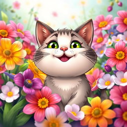 A cute, funny, cartoon-style cheerful chubby cat with bright green eyes, sitting among a vibrant array of beautiful flowers in full bloom