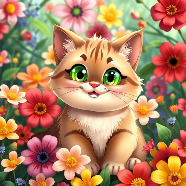 A cute, funny, cartoon-style cheerful chubby cat with bright green eyes, sitting among a vibrant array of beautiful flowers in full bloom