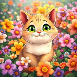 A cute, funny, cartoon-style cheerful chubby cat with bright green eyes, sitting among a vibrant array of beautiful flowers in full bloom