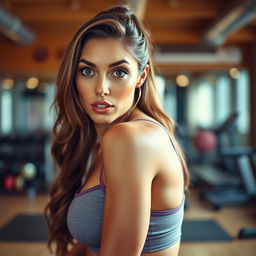 A stunning 35-year-old woman dressed in an attractive fitness trainer outfit, facing the camera with a surprised and flirtatious expression that adds a playful allure