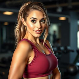 A stunning 35-year-old woman dressed in an attractive fitness trainer outfit, facing the camera with a surprised and flirtatious expression that adds a playful allure
