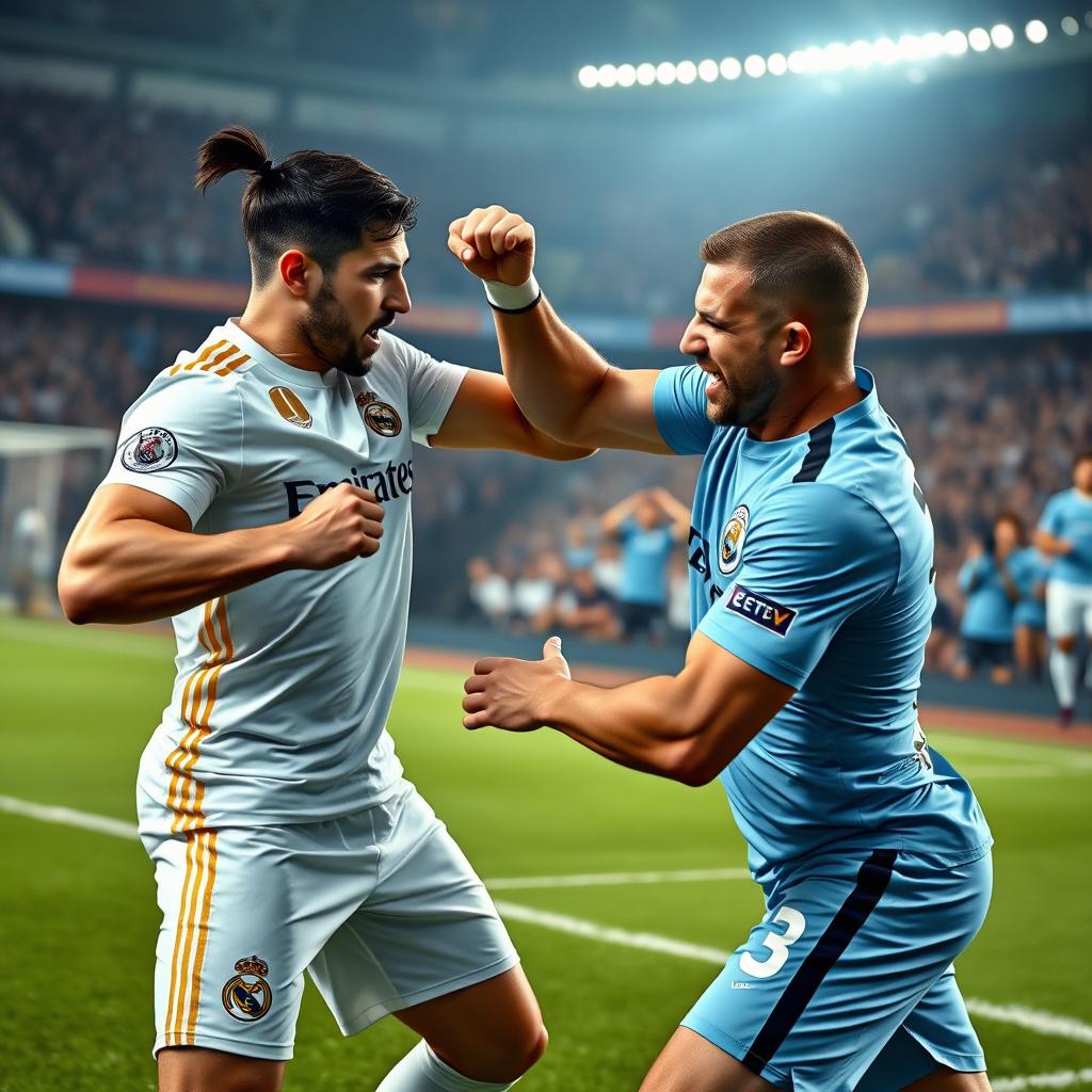 A dynamic scene of two men engaged in an intense, athletic fight on a vibrant soccer field