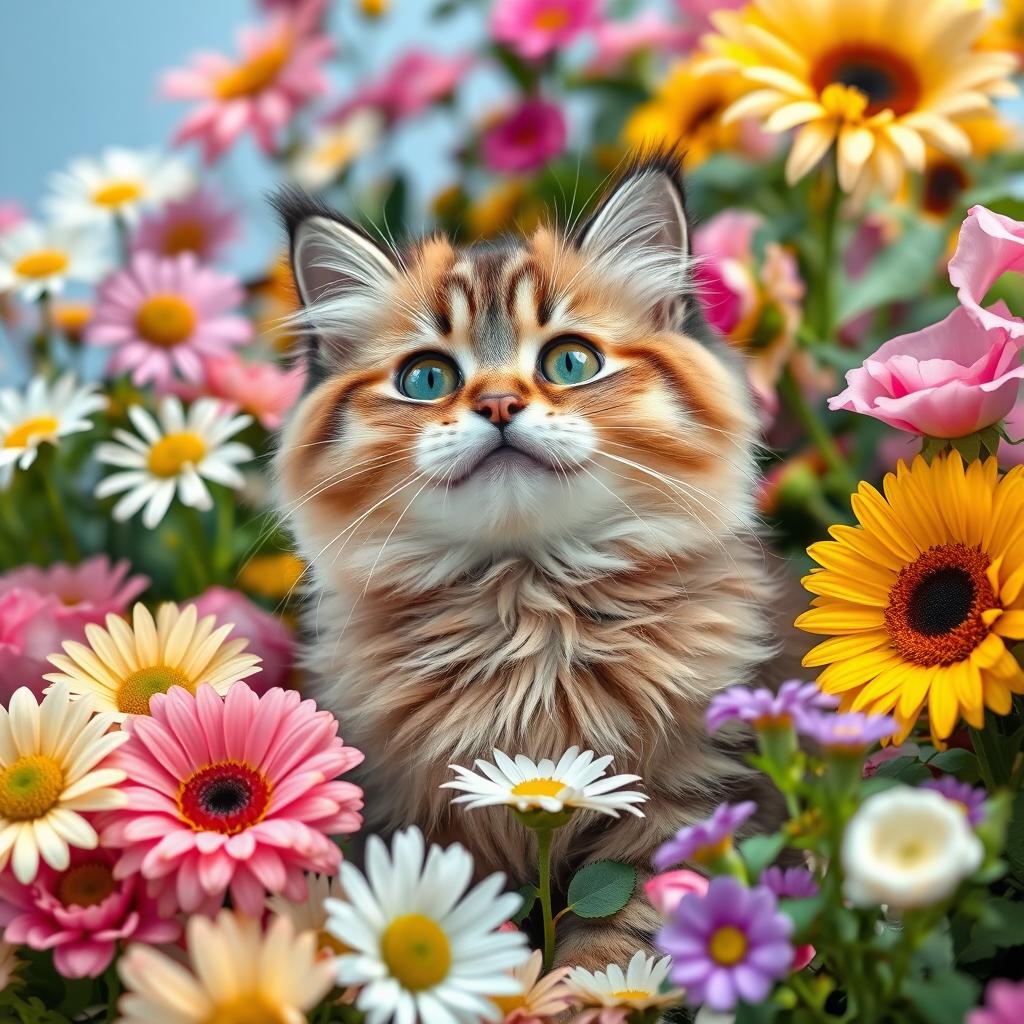 A cute, funny, and cheerful chubby cat with sparkling green eyes sits happily amidst a vibrant array of beautiful flowers in full bloom