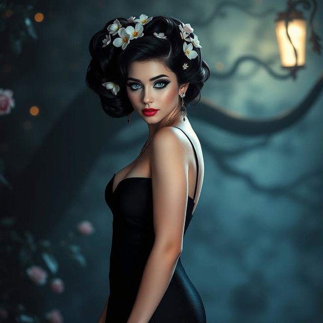 A full-length image of a beautiful, curvy white girl with delicate flowers in her intricately styled black hair, presented in an elegant updo