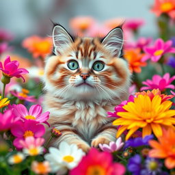 A cute, funny, cheerful chubby cat with bright green eyes sits among a vibrant array of beautiful flowers in full bloom, giving a friendly expression as if playfully asking, 'How are you?'