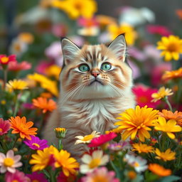 A cute, funny, cheerful chubby cat with bright green eyes sits among a vibrant array of beautiful flowers in full bloom, giving a friendly expression as if playfully asking, 'How are you?'