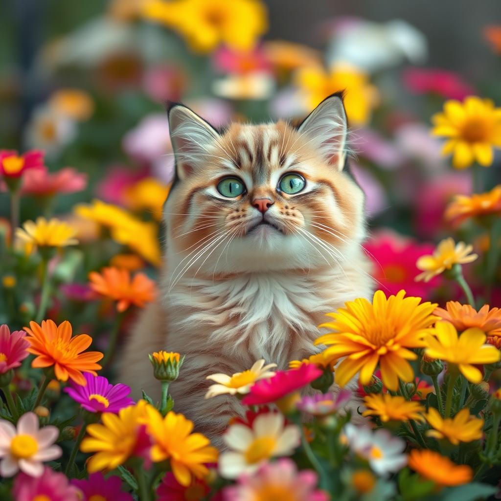 A cute, funny, cheerful chubby cat with bright green eyes sits among a vibrant array of beautiful flowers in full bloom, giving a friendly expression as if playfully asking, 'How are you?'