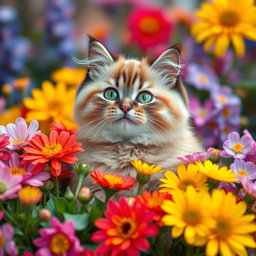 A cute, funny, cheerful chubby cat with bright green eyes sits among a vibrant array of beautiful flowers in full bloom, giving a friendly expression as if playfully asking, 'How are you?'