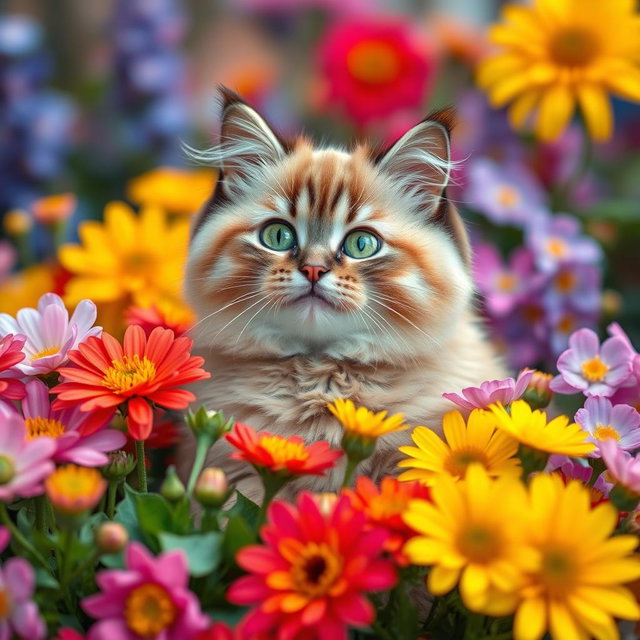 A cute, funny, cheerful chubby cat with bright green eyes sits among a vibrant array of beautiful flowers in full bloom, giving a friendly expression as if playfully asking, 'How are you?'
