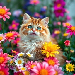 A cute, funny, cheerful chubby cat with bright green eyes sits among a vibrant array of beautiful flowers in full bloom, giving a friendly expression as if playfully asking, 'How are you?'