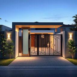 A modern main entry gate designed for both humans and cars, featuring sleek, minimalist lines and a stylish boundary wall