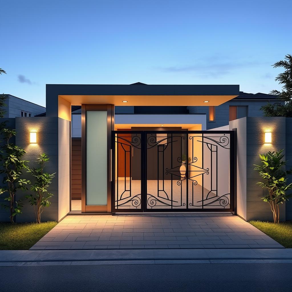 A modern main entry gate designed for both humans and cars, featuring sleek, minimalist lines and a stylish boundary wall