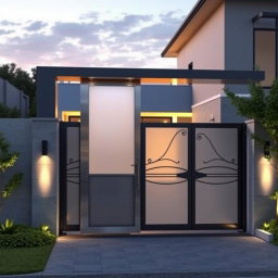 A modern main entry gate designed for both humans and cars, featuring sleek, minimalist lines and a stylish boundary wall