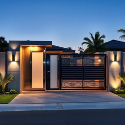 A modern main entry gate designed for both humans and cars, featuring sleek, minimalist lines and a stylish boundary wall