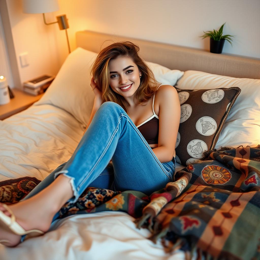 A stylish young woman lounging on her bed, wearing trendy blue jeans and a casual top