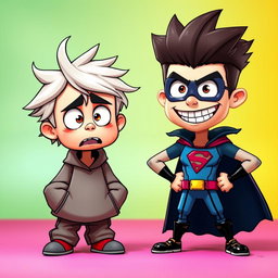 Two cartoonish figures: the first figure is cartoon-styled and looks scared, with wide eyes, raised eyebrows, and a trembling posture