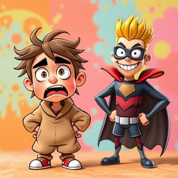 Two cartoonish figures: the first figure is cartoon-styled and looks scared, with wide eyes, raised eyebrows, and a trembling posture