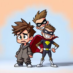Two cartoonish figures: the first figure is cartoon-styled and looks scared, with wide eyes, raised eyebrows, and a trembling posture